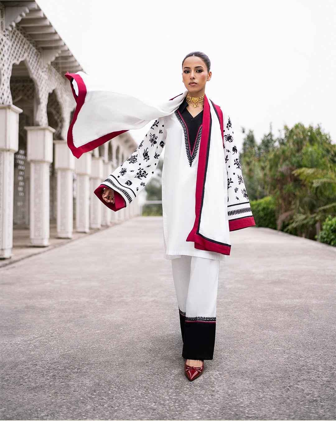 Black and White Two Piece Dress with Red Accents - Y-125 Digital Print