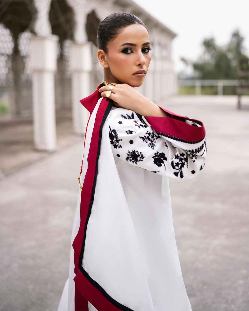 Black and White Two Piece Dress with Red Accents - Y-125 Digital Print