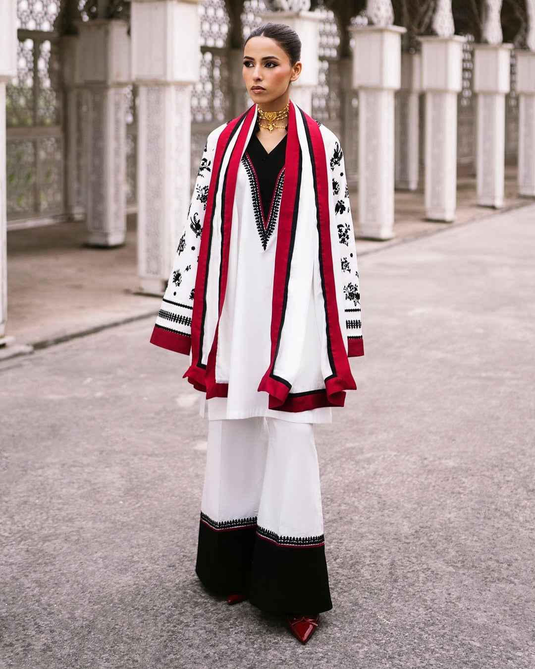 Black and White Two Piece Dress with Red Accents - Y-125 Digital Print