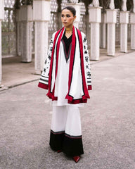 Black and White Two Piece Dress with Red Accents - Y-125 Digital Print