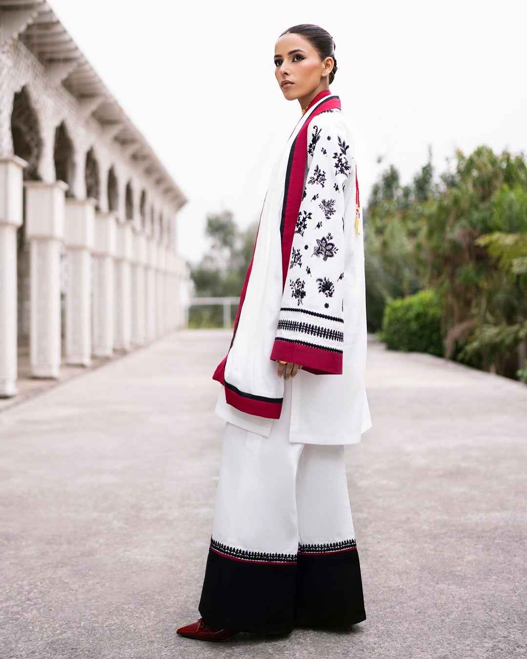 Black and White Two Piece Dress with Red Accents - Y-125 Digital Print