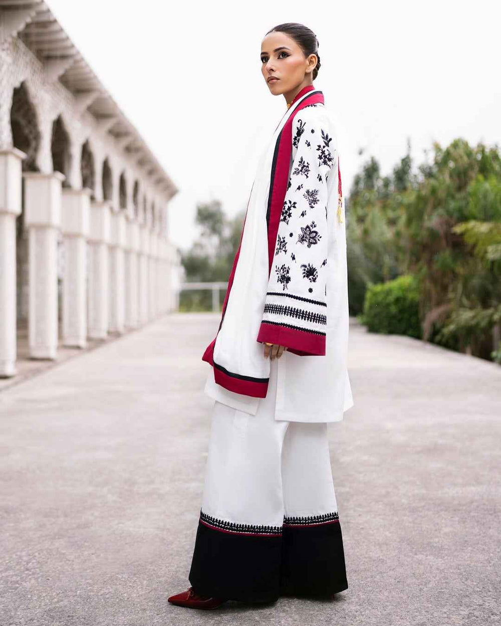 Black and White Two Piece Dress with Red Accents - Y-125 Digital Print