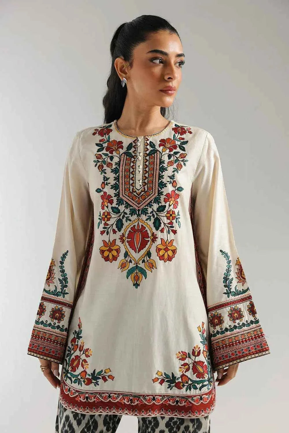 Beige Multicolor Printed Kurti with Stylish Button Neckline Y 126
