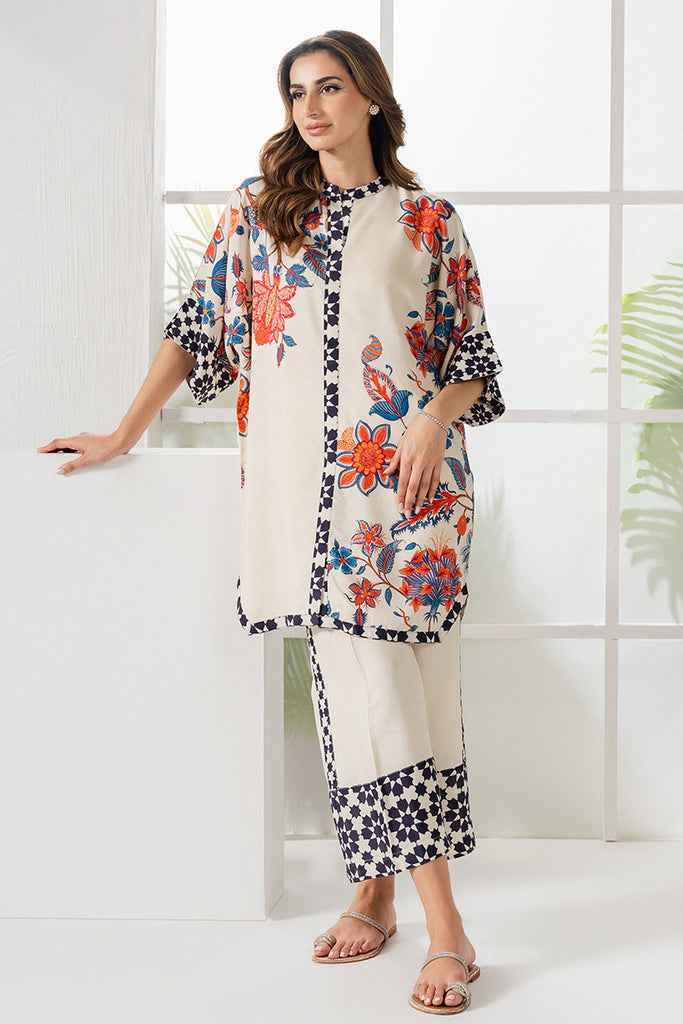 Floral Elegance 2-Piece Stitched Co-ord Set - Off-White Y-23