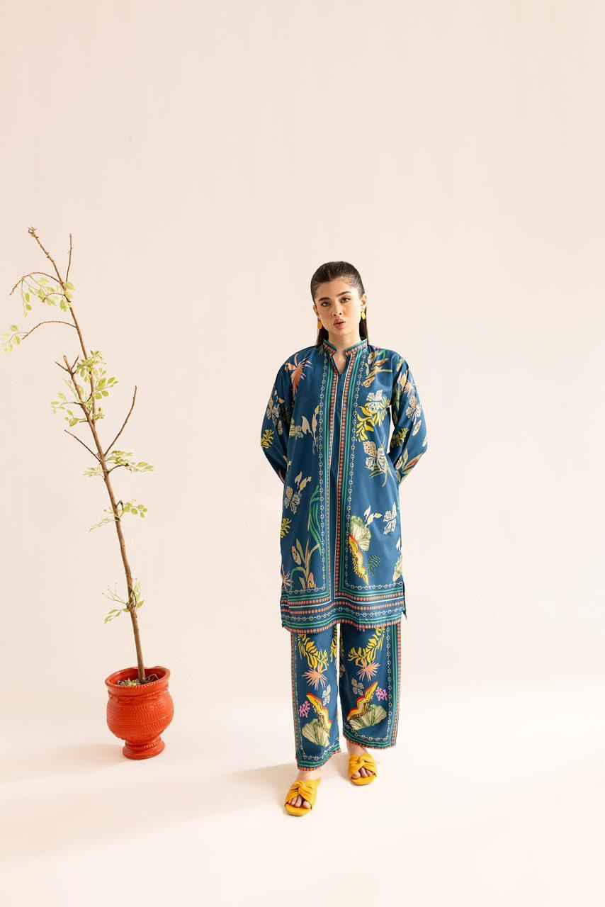 Tropical Bloom Deep Blue Two-Piece Suit Y-44