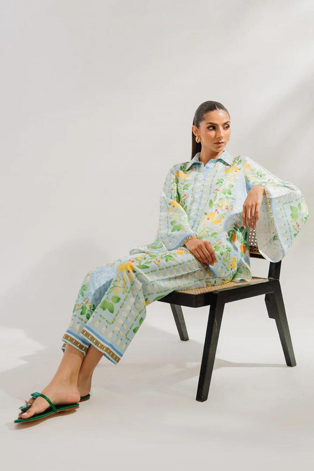 white green Floral 2 Piece Stitched Co-Ord Set: Y-52