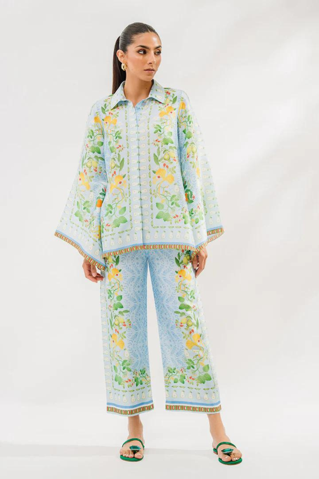 white green Floral 2 Piece Stitched Co-Ord Set: Y-52