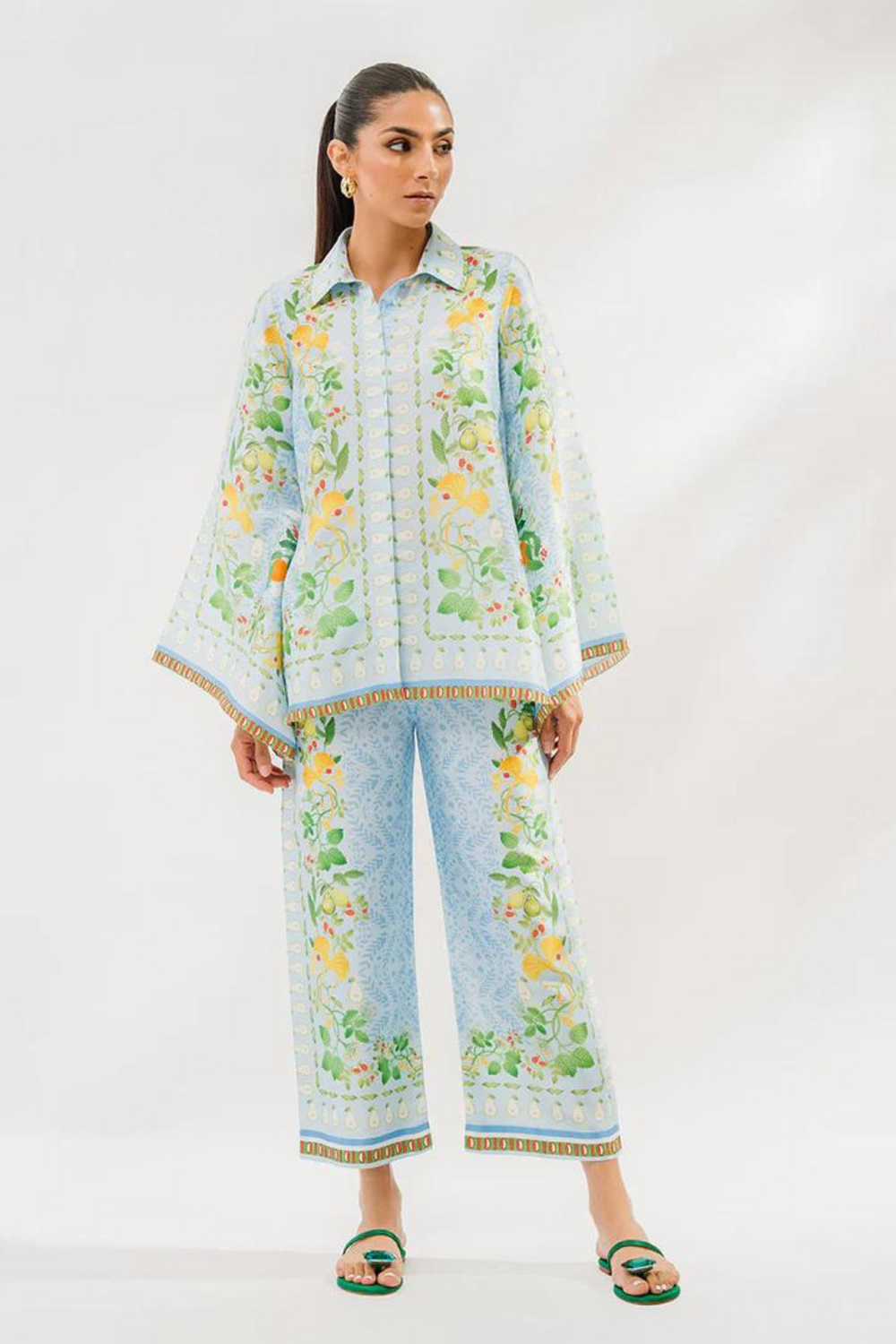 white green Floral 2 Piece Stitched Co-Ord Set: Y-52