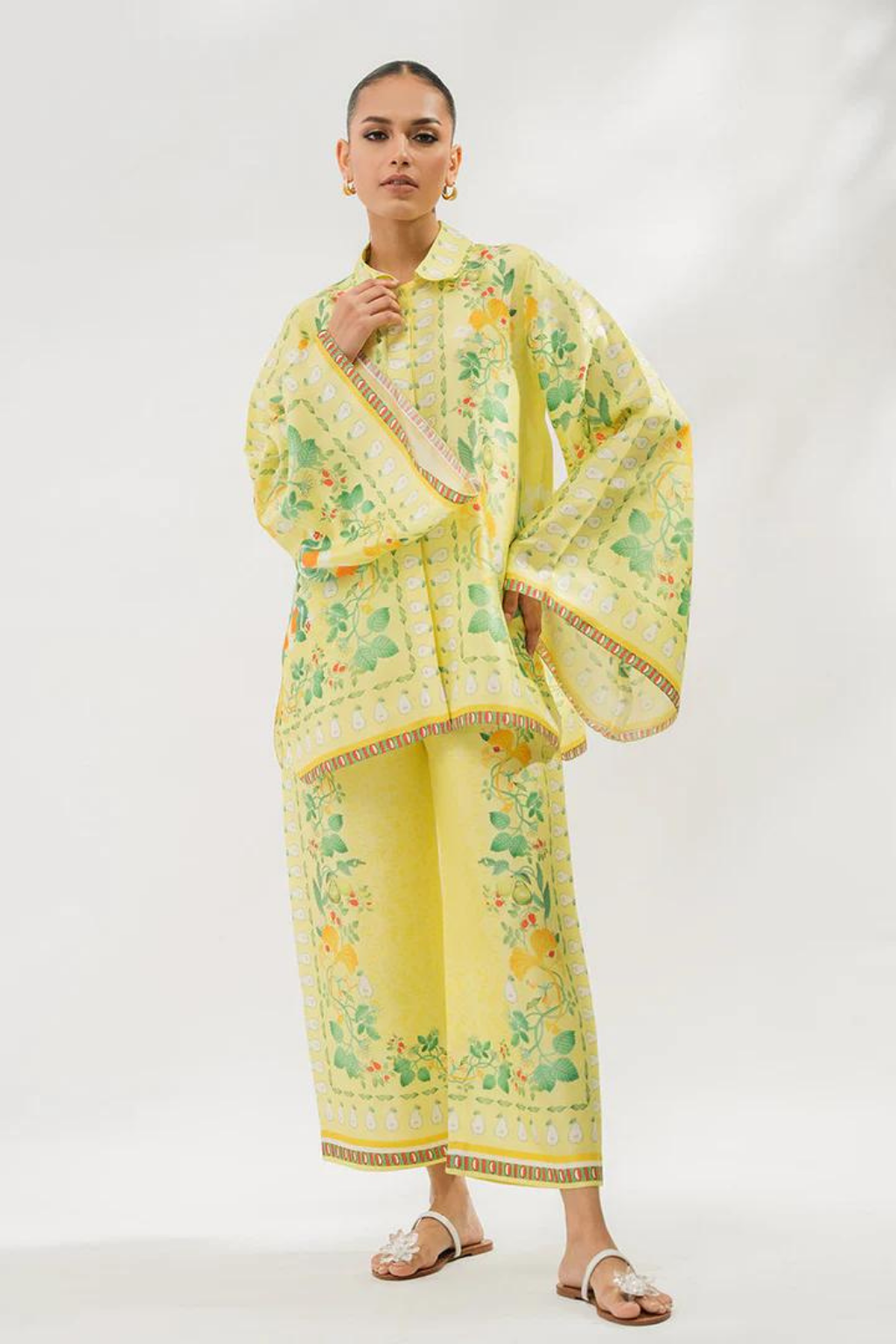 white green Floral 2 Piece Stitched Co-Ord Set: Y-52