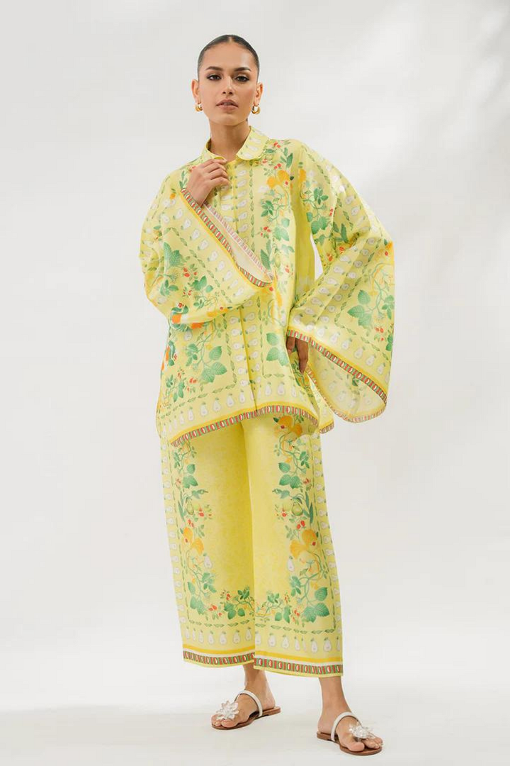 white green Floral 2 Piece Stitched Co-Ord Set: Y-52