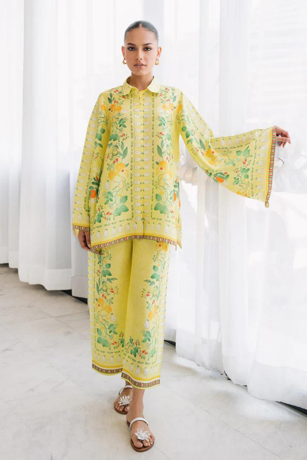 white green Floral 2 Piece Stitched Co-Ord Set: Y-52