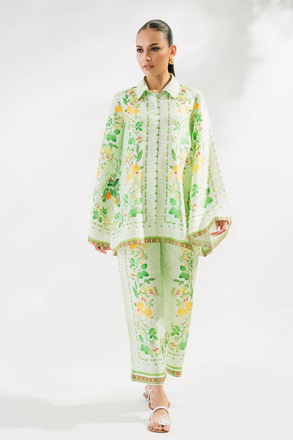 white green Floral 2 Piece Stitched Co-Ord Set: Y-52