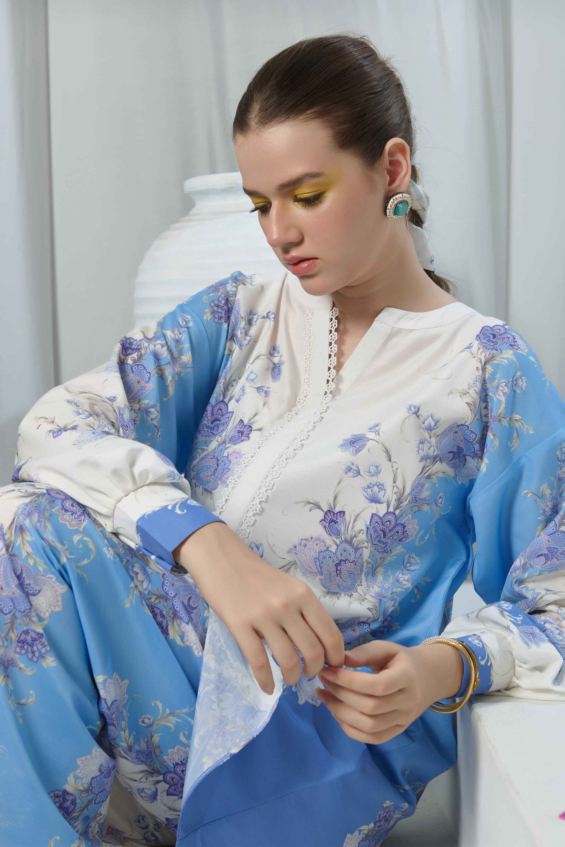 Graceful Blue and White Floral Stitched Co-ord Set, Y-57