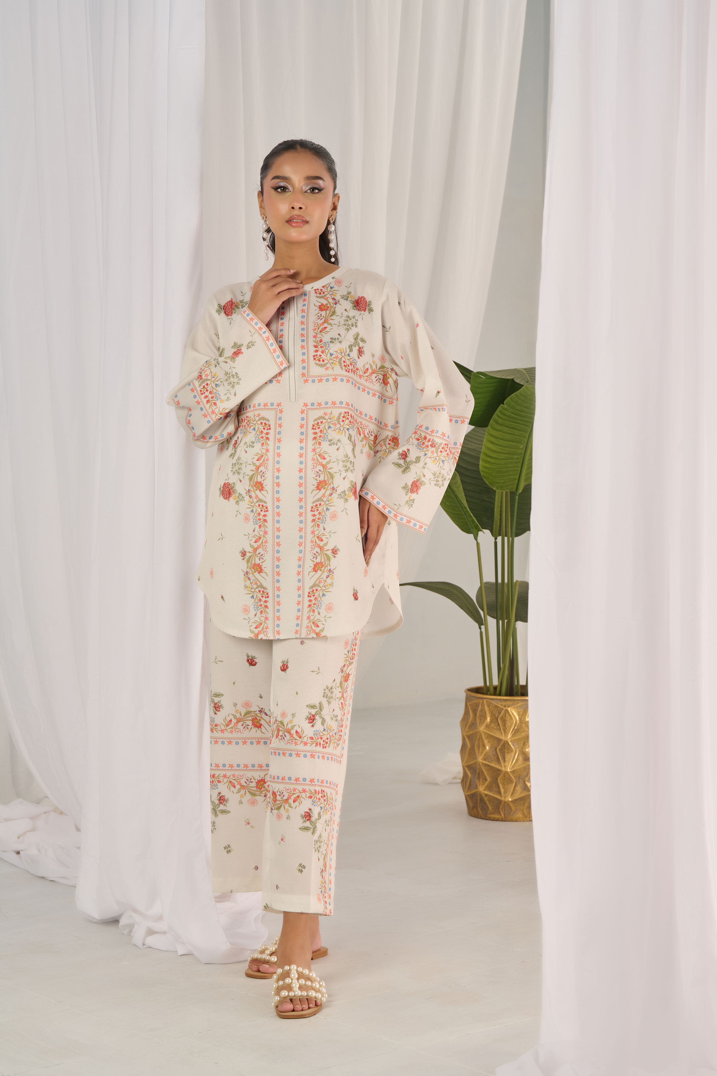 Floral Printed Stitched Co-ord Set – Off-White Perfection Y-58