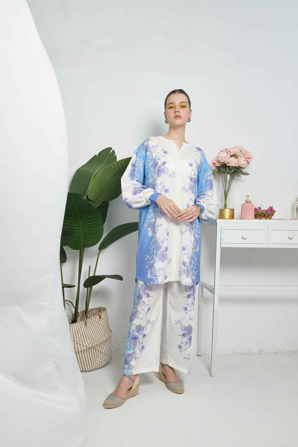 Graceful Blue and White Floral Stitched Co-ord Set, Y-57