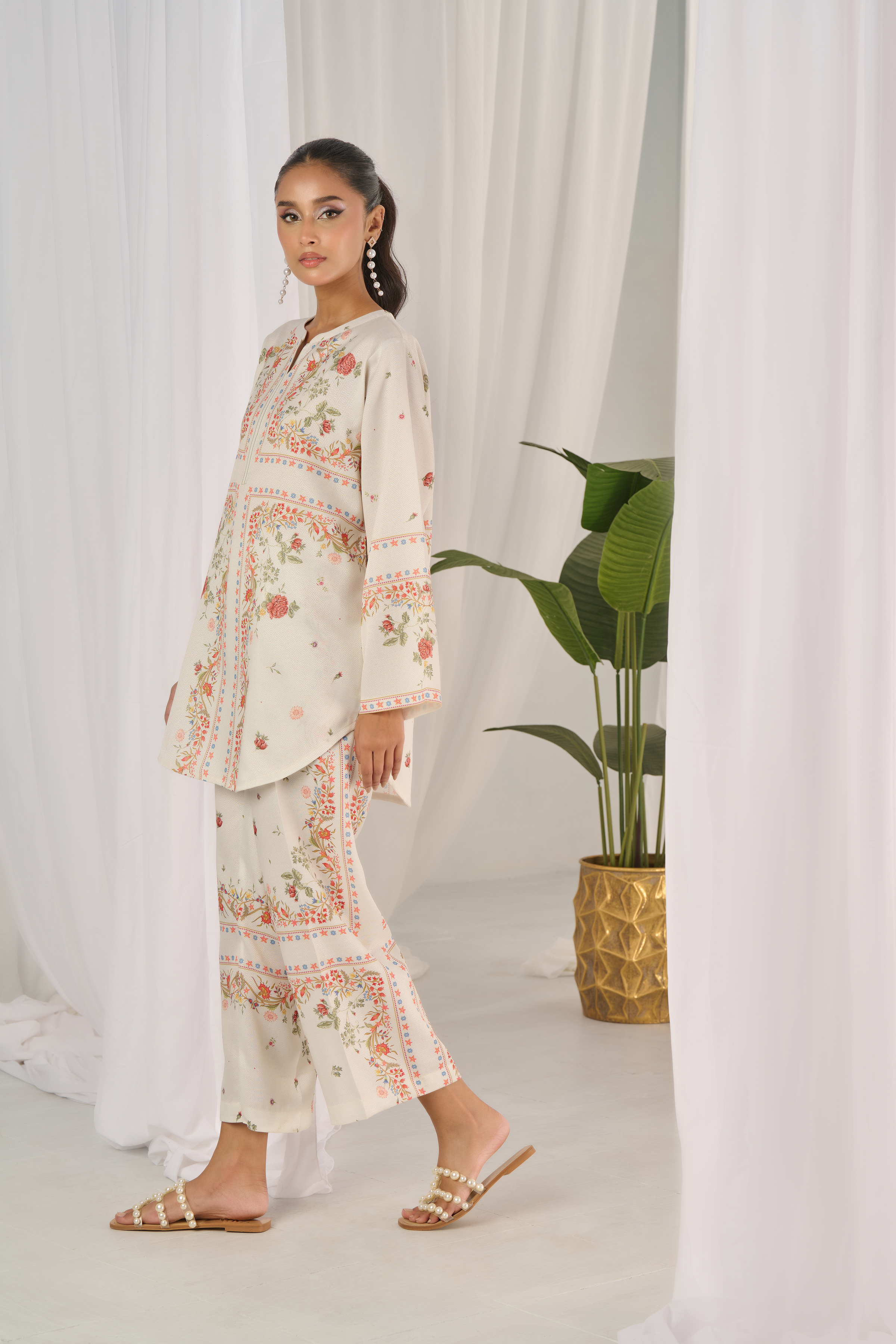 Floral Printed Stitched Co-ord Set – Off-White Perfection Y-58