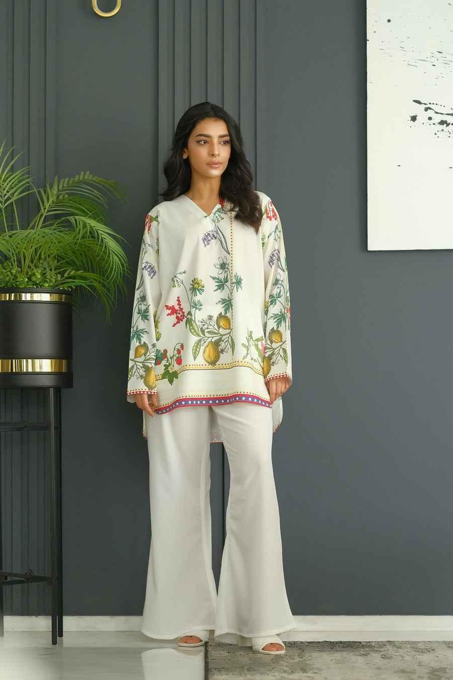 Elegant White Floral Printed Stitched Kurta Set for Women Y-5