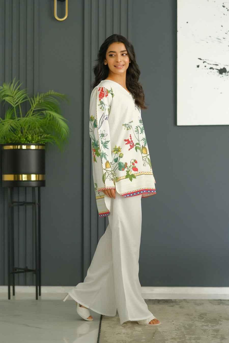 Elegant White Floral Printed Stitched Kurta Set for Women Y-5