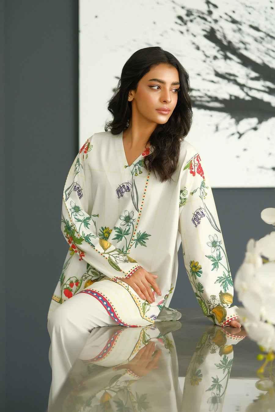 Elegant White Floral Printed Stitched Kurta Set for Women Y-5