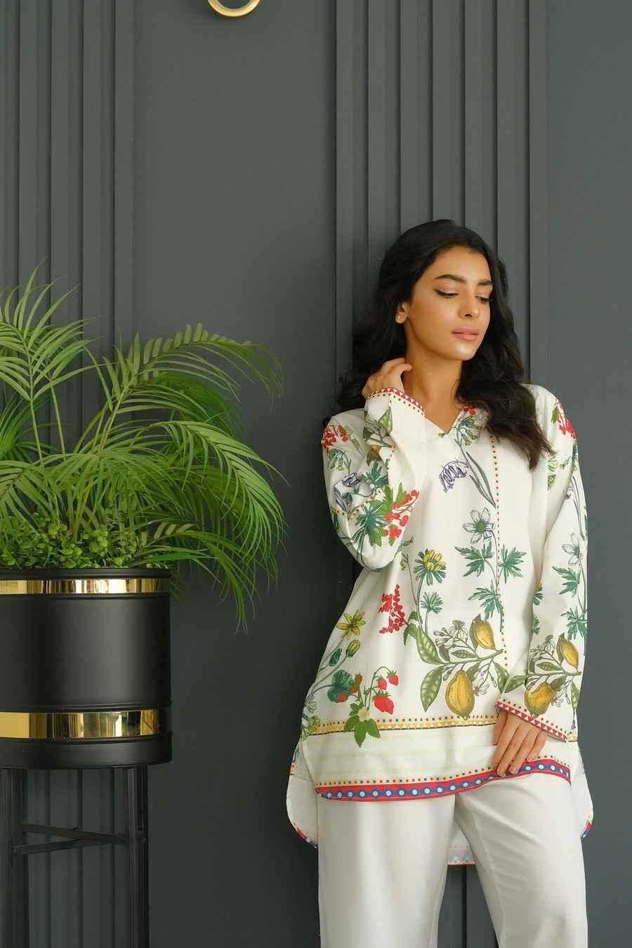 Elegant White Floral Printed Stitched Kurta Set for Women Y-5