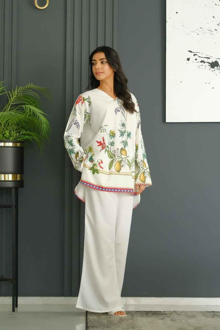 Elegant White Floral Printed Stitched Kurta Set for Women Y-5