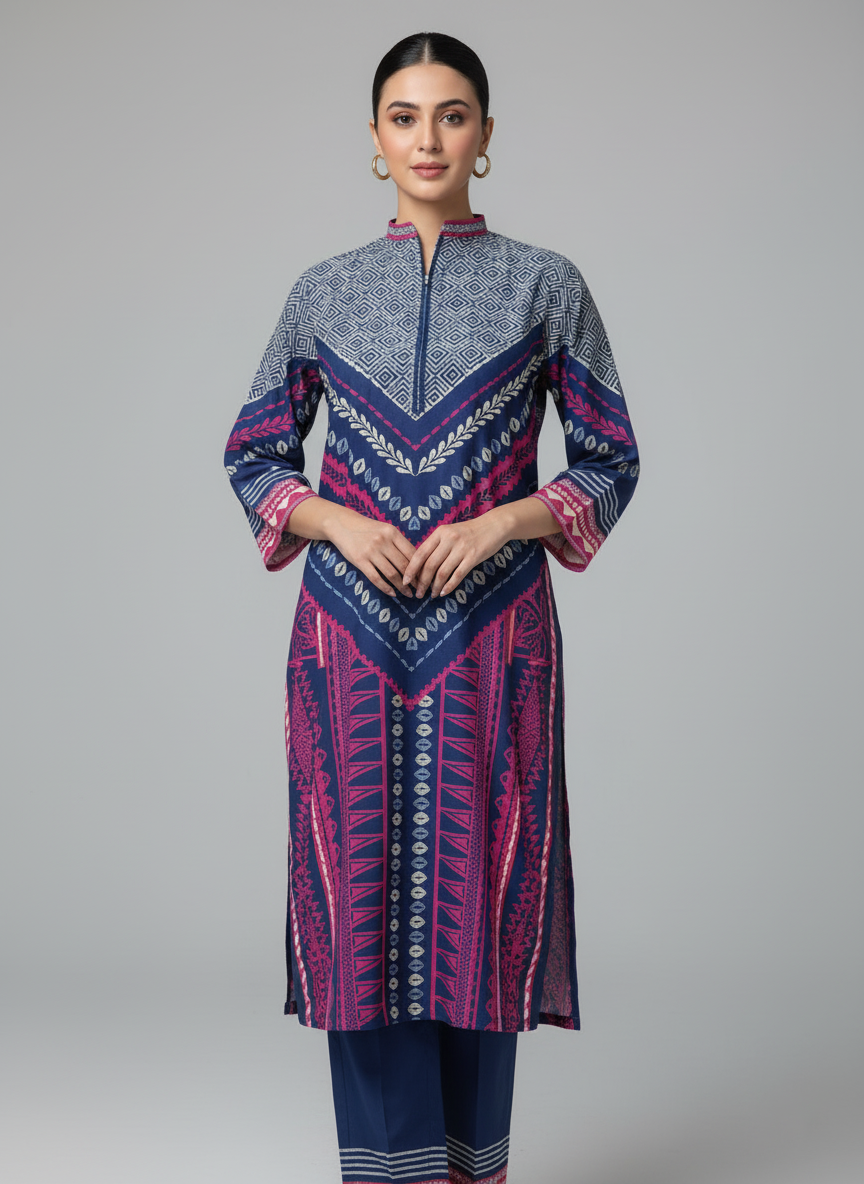 Chic Pink and Indigo Digital Print 2 Piece Suit (YL 111)