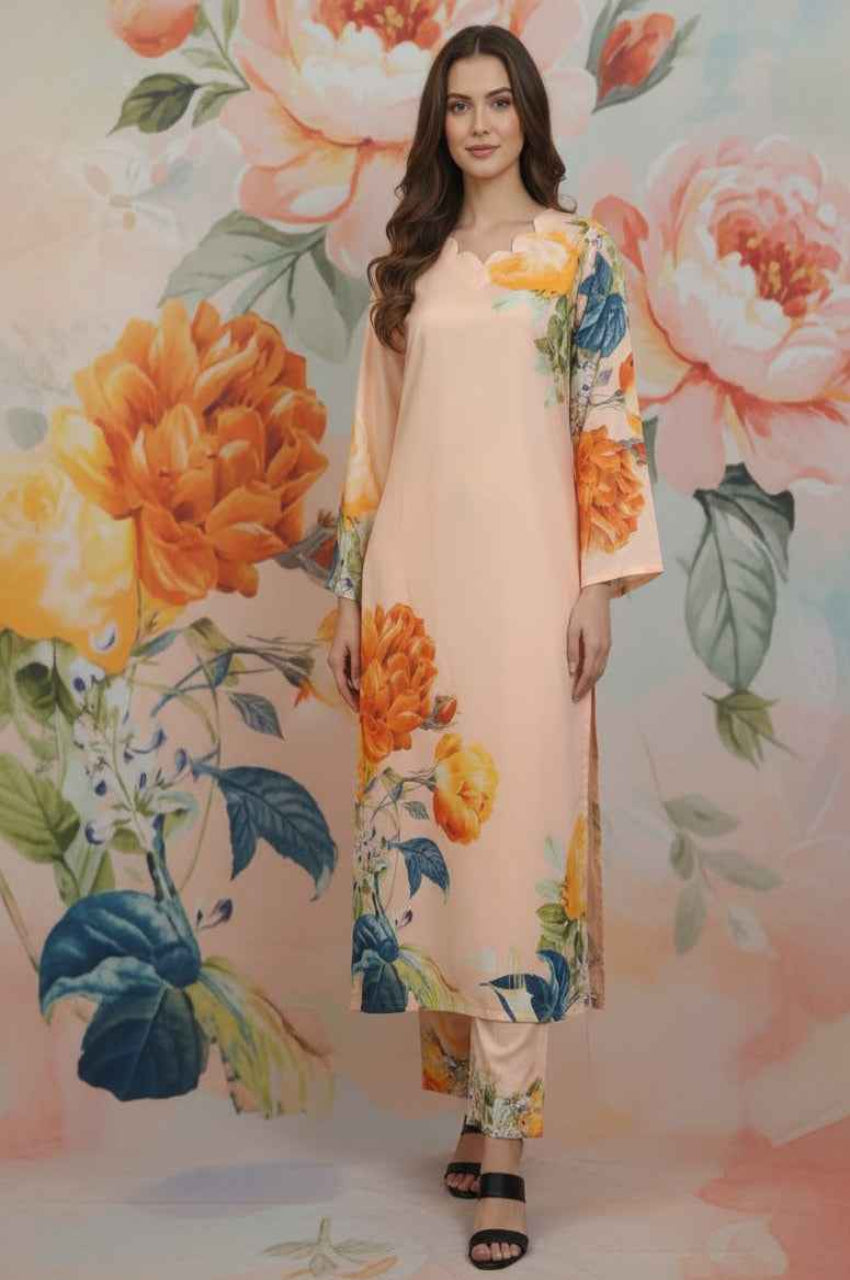 Elegant 2-Piece Peach Floral Silk Kurta Set (YL 115)