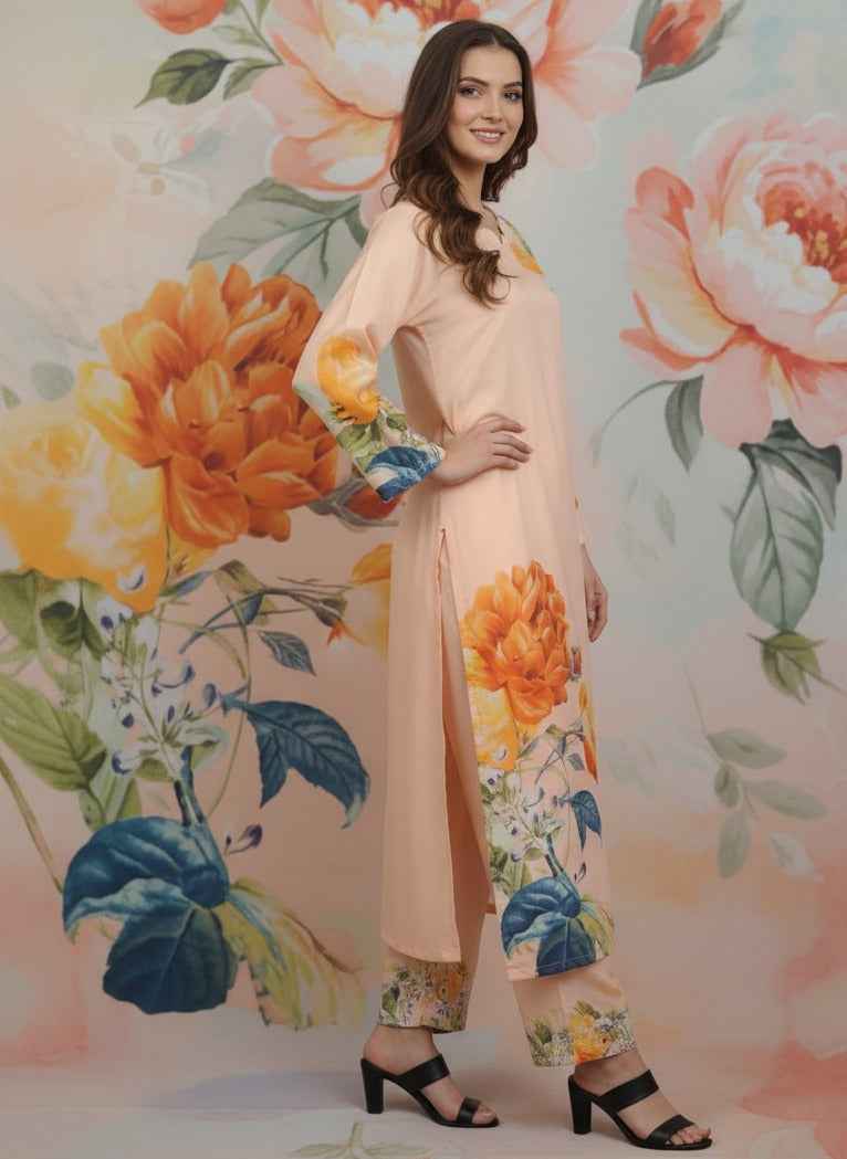 Elegant 2-Piece Peach Floral Silk Kurta Set (YL 115)