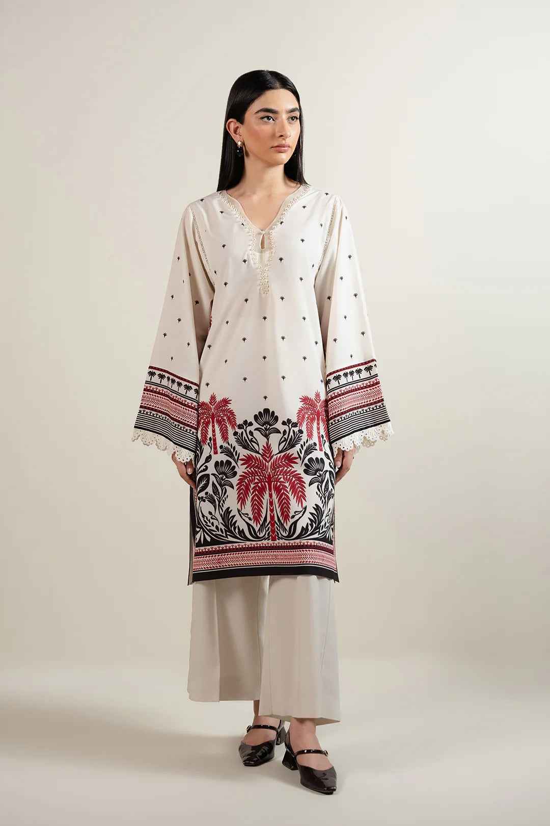 Scarlet Blossom Print Long Kurta 2-Piece Set – Modern Ethnic ( YL- 92 )