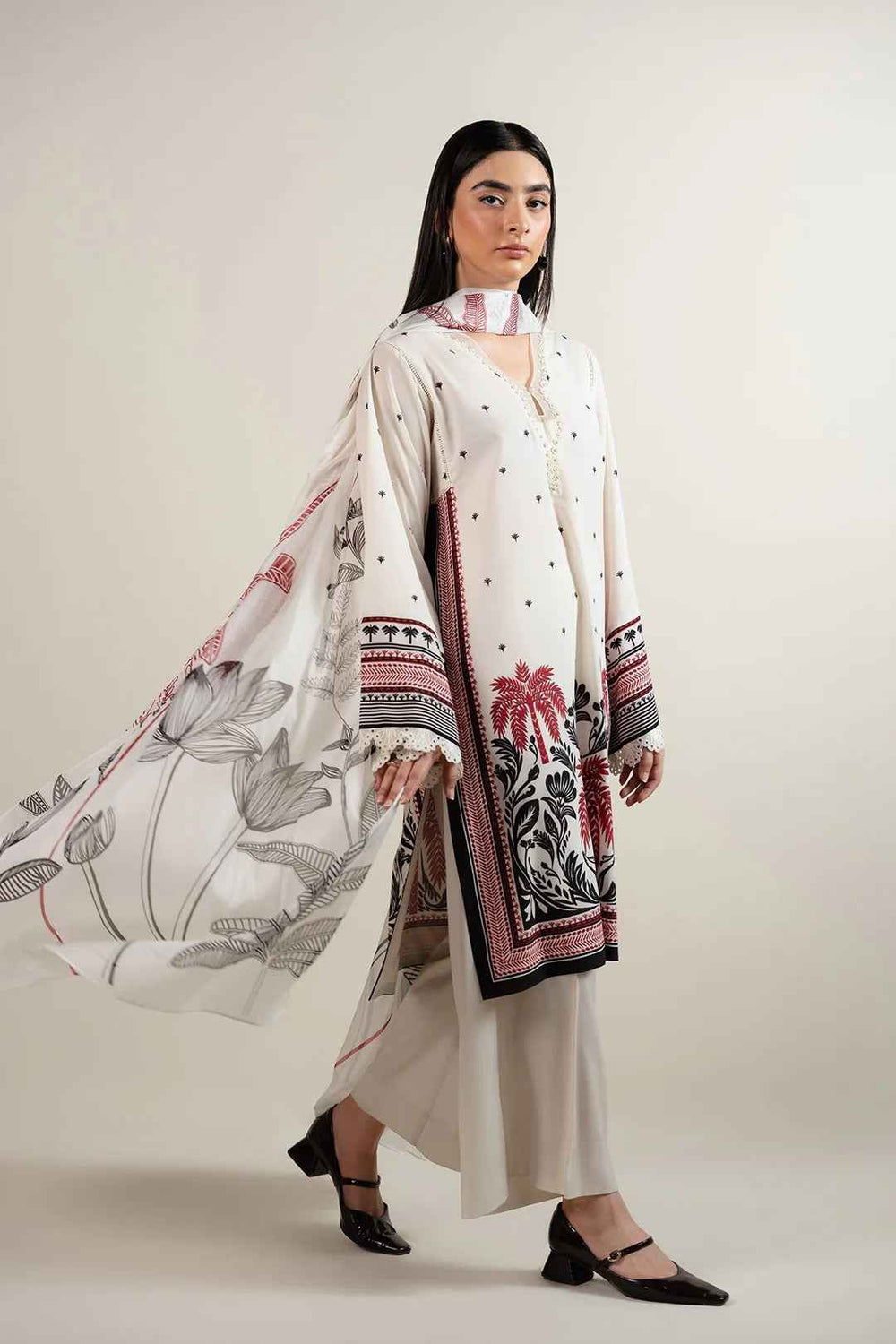 Scarlet Blossom Print Long Kurta 2-Piece Set – Modern Ethnic ( YL- 92 )