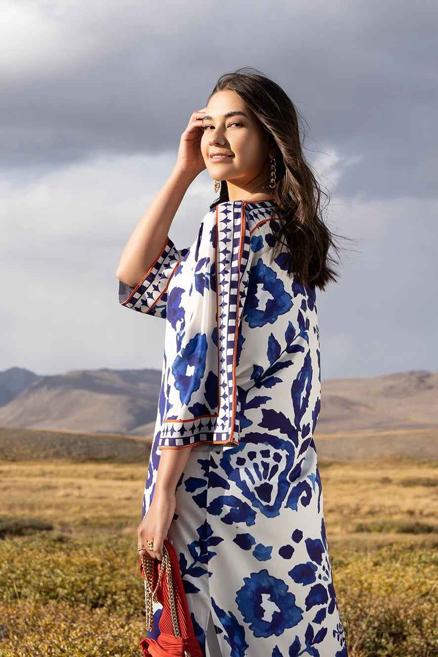 Blue and White Floral Long Shirt - 2 Piece Digital Printed Set YL-99