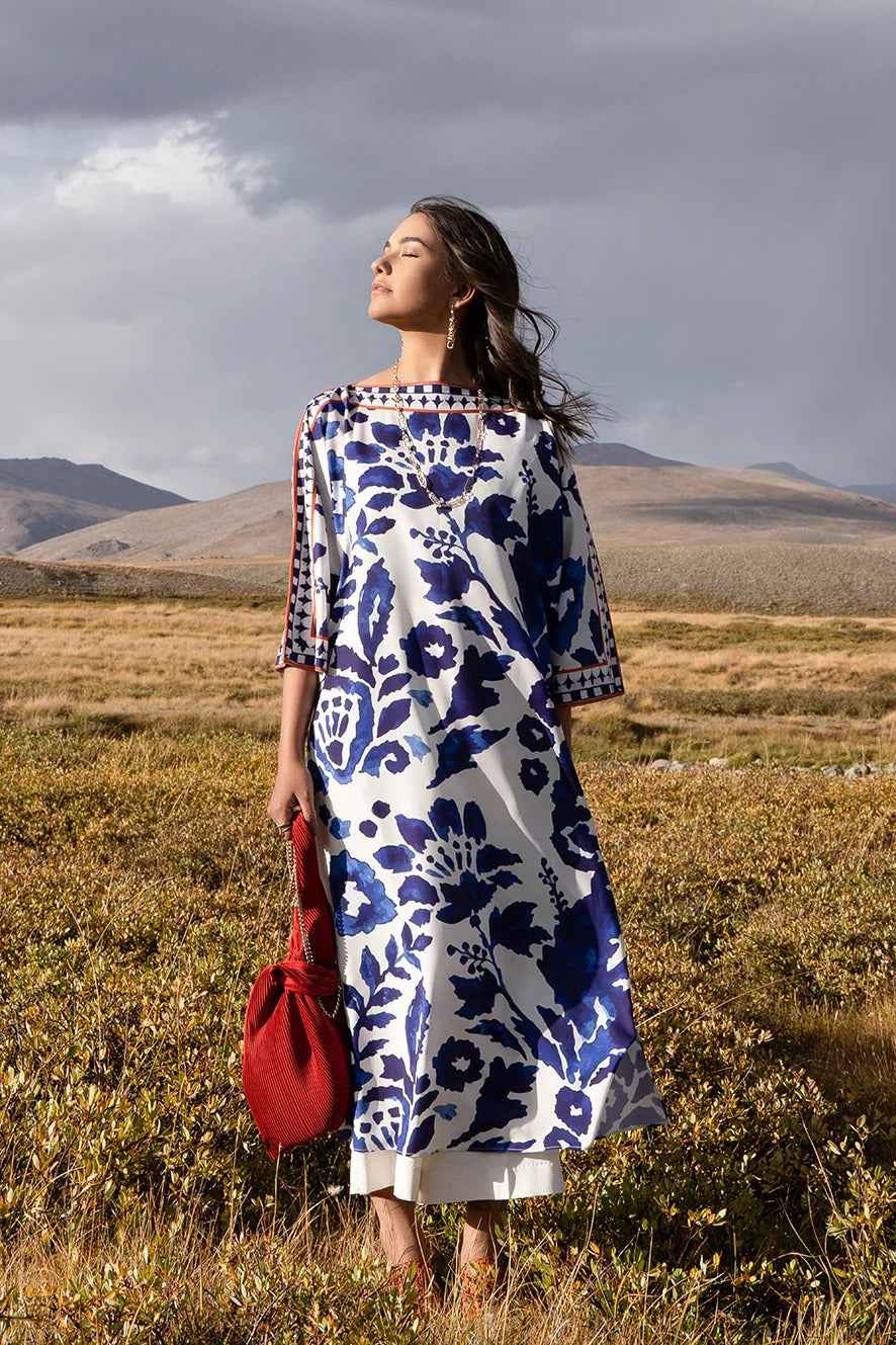 Blue and White Floral Long Shirt - 2 Piece Digital Printed Set YL-99