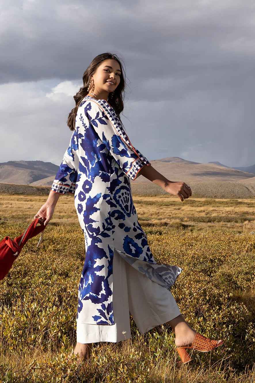 Blue and White Floral Long Shirt - 2 Piece Digital Printed Set YL-99