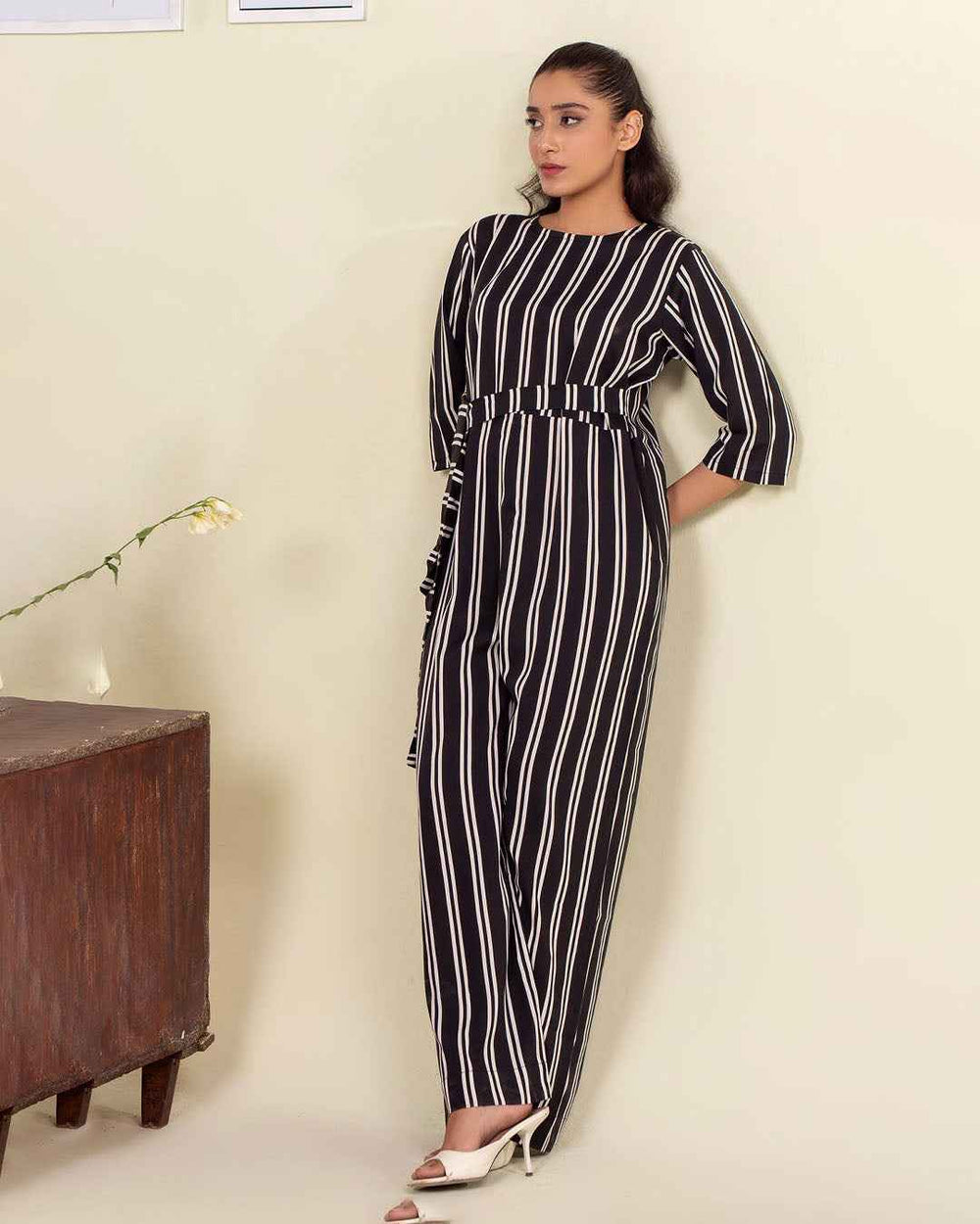 Black and White Striped Jumpsuit – YL-21 Crepe Elegance