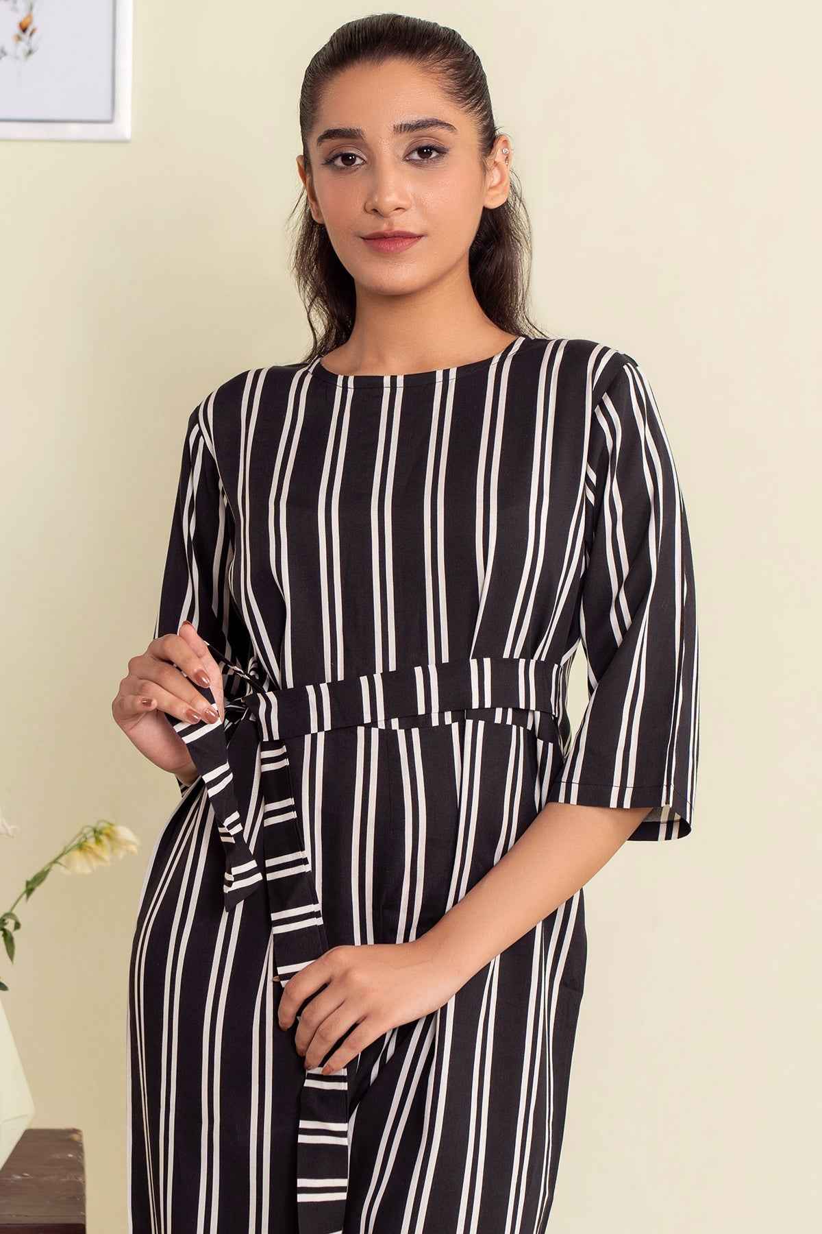 Black and White Striped Jumpsuit – YL-21 Crepe Elegance