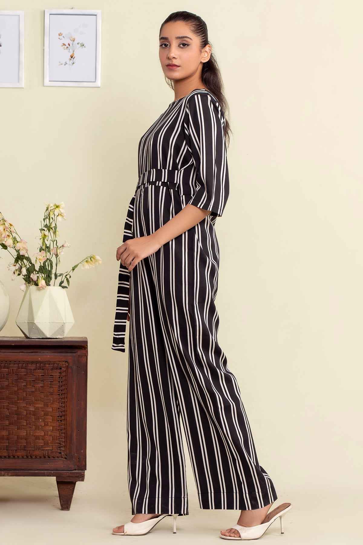Black and White Striped Jumpsuit – YL-21 Crepe Elegance