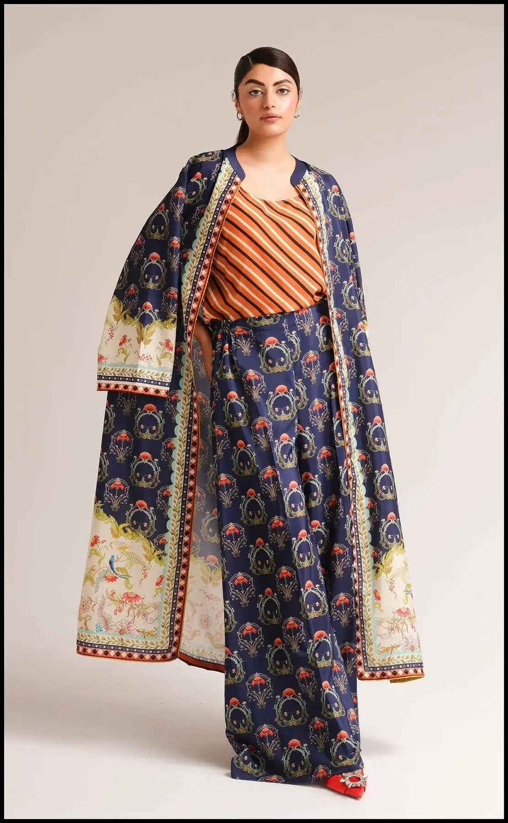 Navy Blue Printed Open Robe & Inner Set  ( YL- 45 )