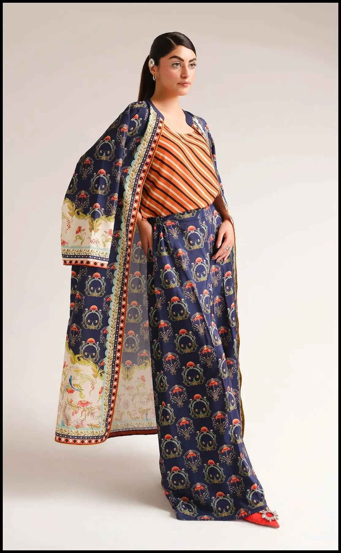 Navy Blue Printed Open Robe & Inner Set  ( YL- 45 )