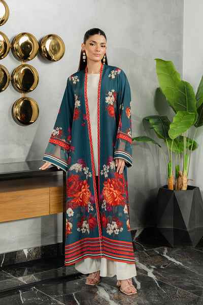 Long Open Duster Jacket in Teal & Red Print  ( YL- 47 )