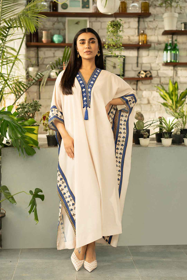 Luxury Resort Wear Kaftan with Ethnic Print Trim  ( YL- 58 )
