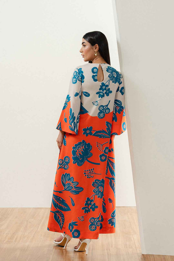 Vibrant Orange and Blue Floral Stitched Long Dress – 2-Piece YL-5
