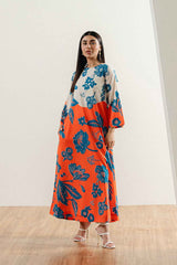 Vibrant Orange and Blue Floral Stitched Long Dress – 2-Piece YL-5