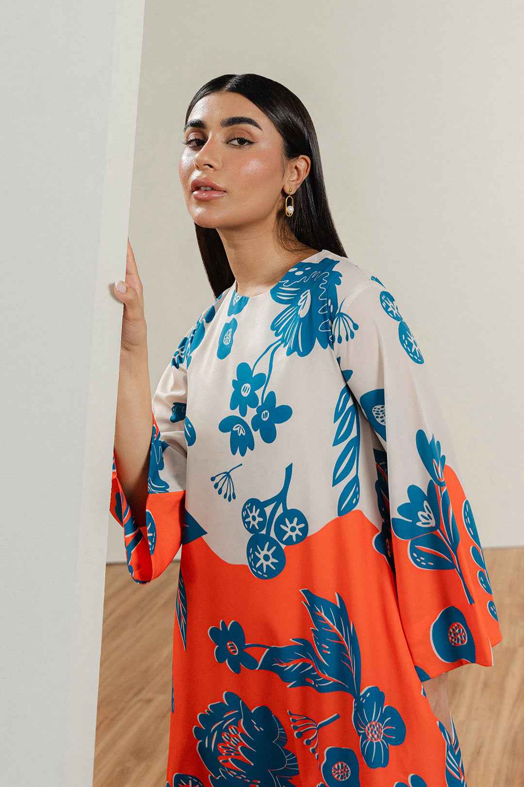 Vibrant Orange and Blue Floral Stitched Long Dress – 2-Piece YL-5