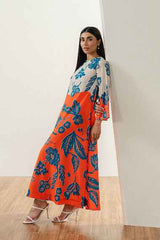 Vibrant Orange and Blue Floral Stitched Long Dress – 2-Piece YL-5
