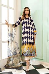Navy & Mustard Geometric Stitched Printed Long 2 Piece Suit YL-7