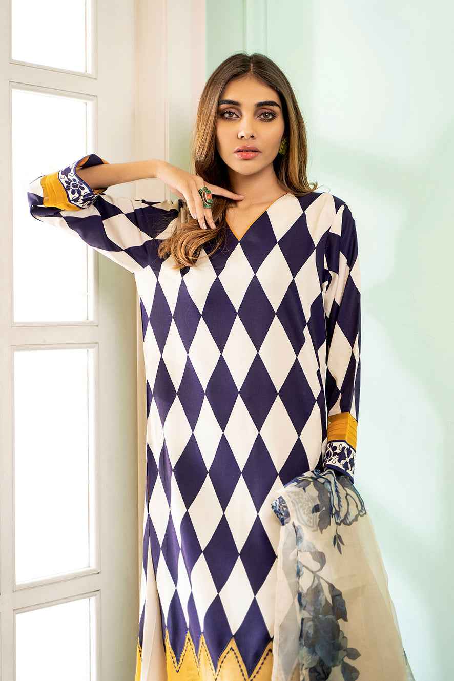 Navy & Mustard Geometric Stitched Printed Long 2 Piece Suit YL-7