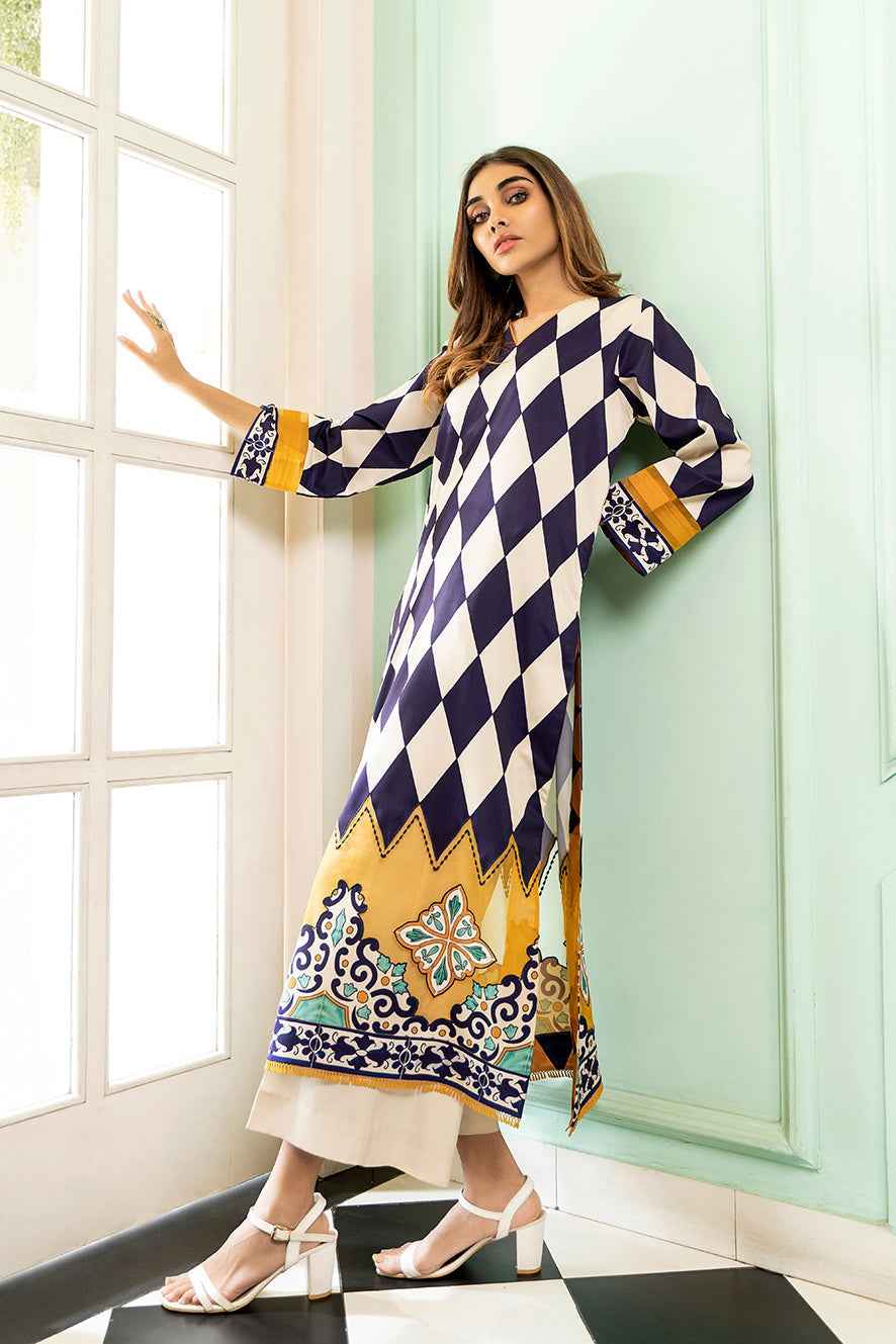 Navy & Mustard Geometric Stitched Printed Long 2 Piece Suit YL-7