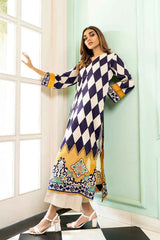 Navy & Mustard Geometric Stitched Printed Long 2 Piece Suit YL-7