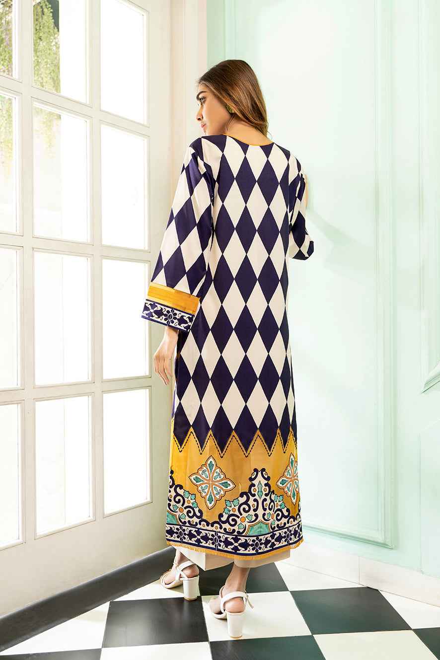 Navy & Mustard Geometric Stitched Printed Long 2 Piece Suit YL-7