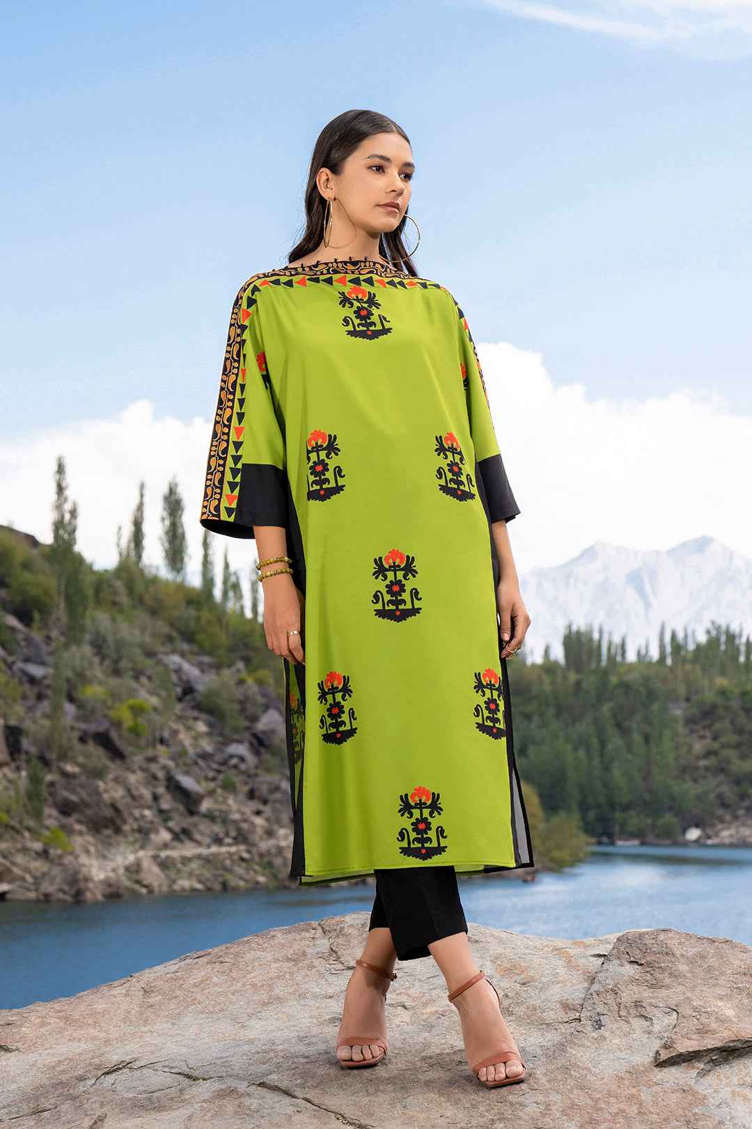 Vibrant Lime Green Digital Printed Long Shirt with Black Trousers YL-2